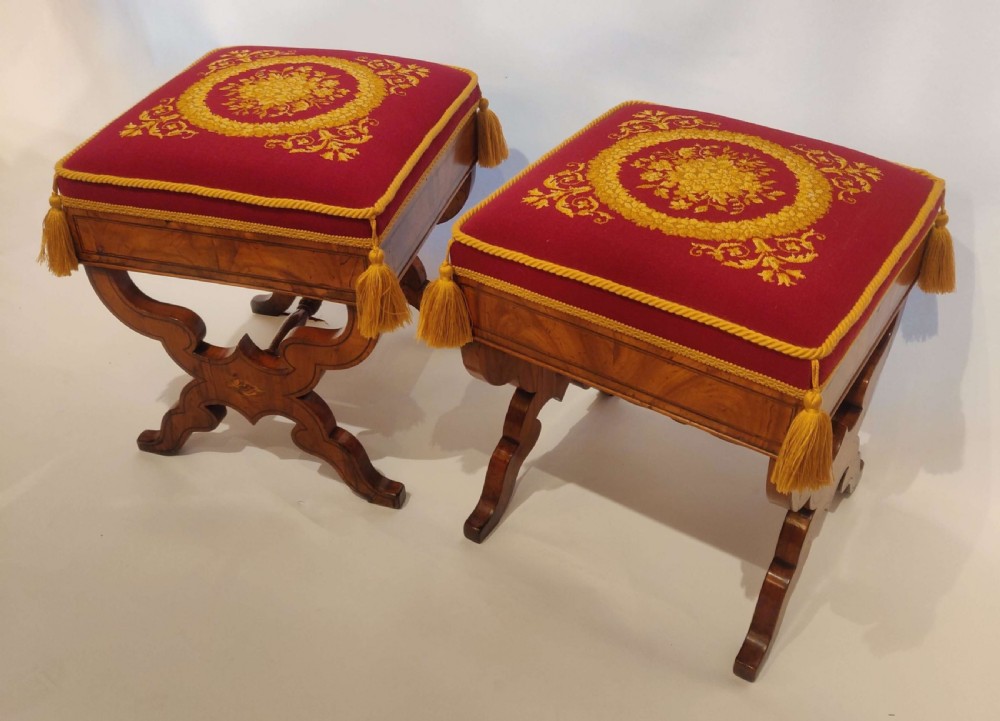 A Very Rare Pair of Regency Satin Birch & Shell Inlaid Stools