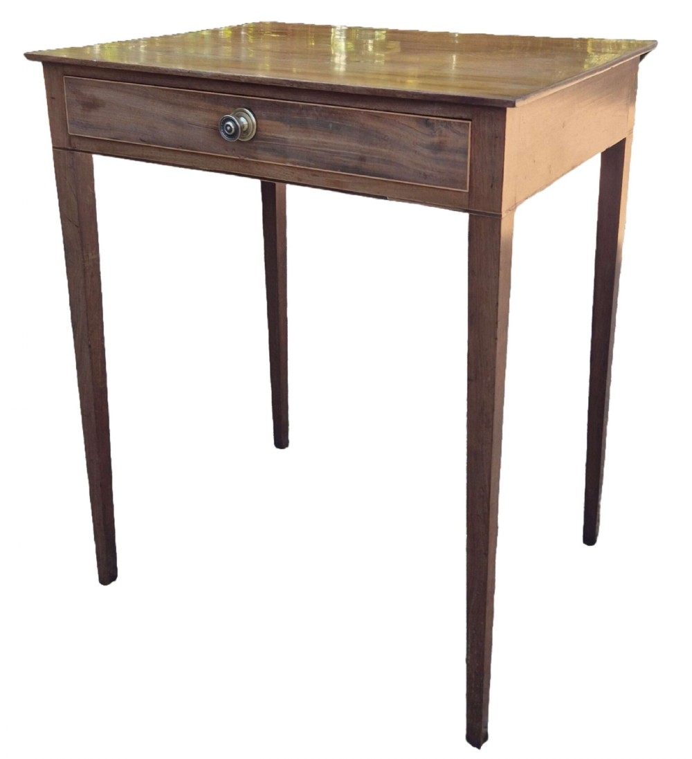 A late 18th-century Sheraton mahogany side table featuring a single drawer with string inlay and square tapered legs.