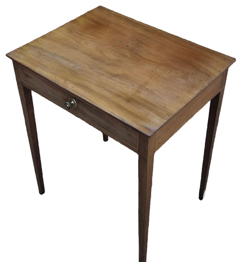 A late 18th-century Sheraton mahogany side table featuring a single drawer with string inlay and square tapered legs. View II
