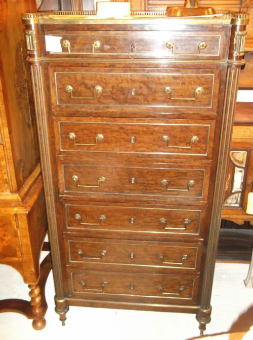 French Mahogany Brass Mounted Marble Top Chest