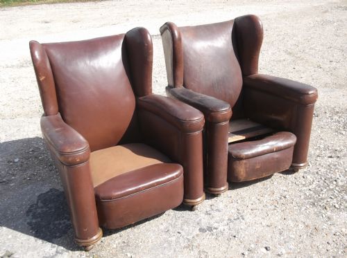 Pair of Very Shabby Leather Wing Back Armchairs
