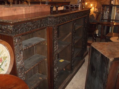 Large Victorian Carved Walnut Open Front Bookcase