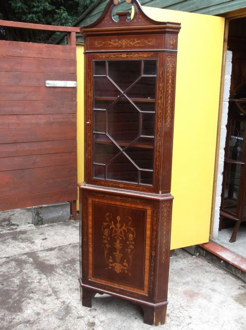 Edwardian Inlaid Mahogany 2-Part Corner Cabinet