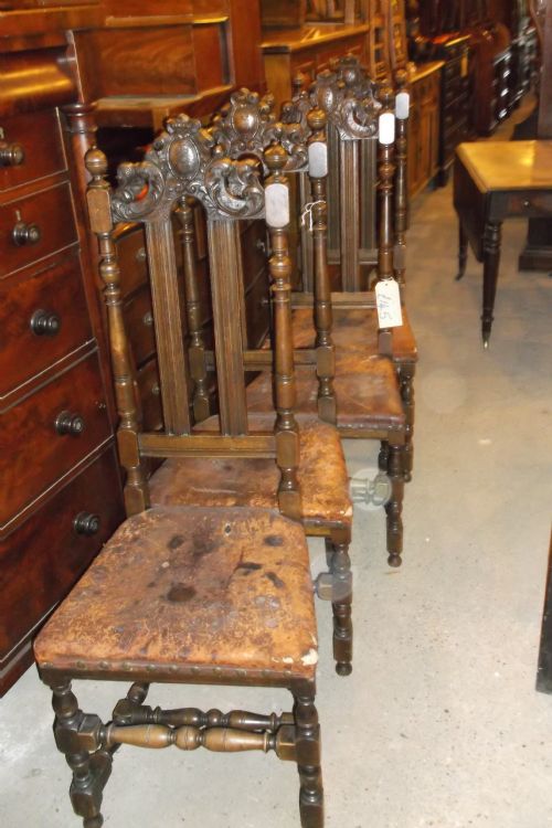 Pair of Carved Oak High Back Hall Chairs