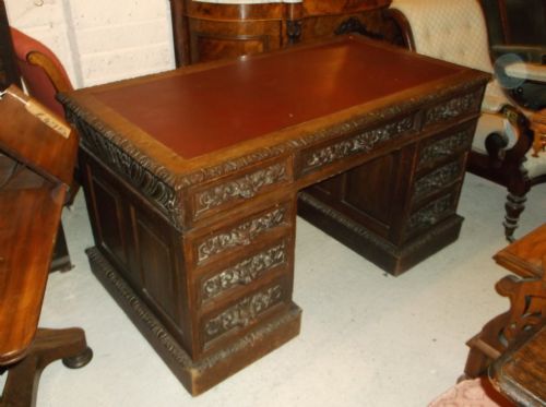 Victorian Carved Oak Pedestal Desk