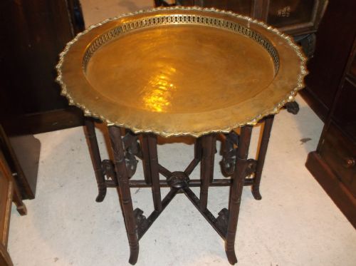 Carved Chinese Brass Top Table on Folding Stand