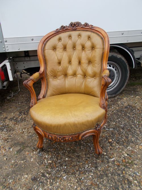 Victorian Carved Frame Leather Upholstered Armchair