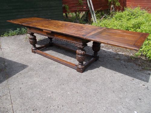 Large Carved Oak Draw Leaf Dining Table