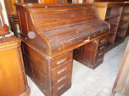 Large Late 19th Century Panelled Roll Top Desk