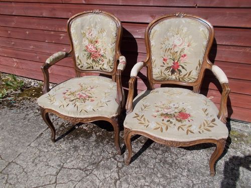 Pretty Pair of Needlework Upholstered Bedroom Armchairs