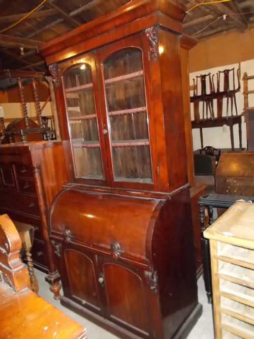 Mid-victorian Cylinder Bureau Bookcase