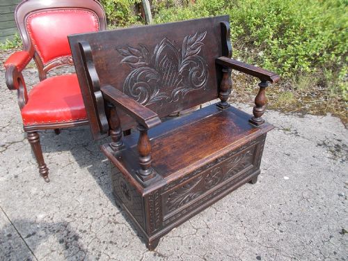 Late Victorian Carved Oak Monks Hall Seat.