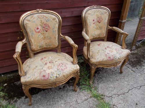 Pair of Early 20th Century Gilded Needlework Upholstered Armchairs