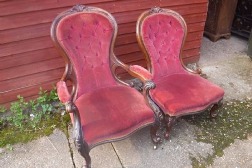 Pair of  Walnut Ladys and Gents Drawing Room Chairs