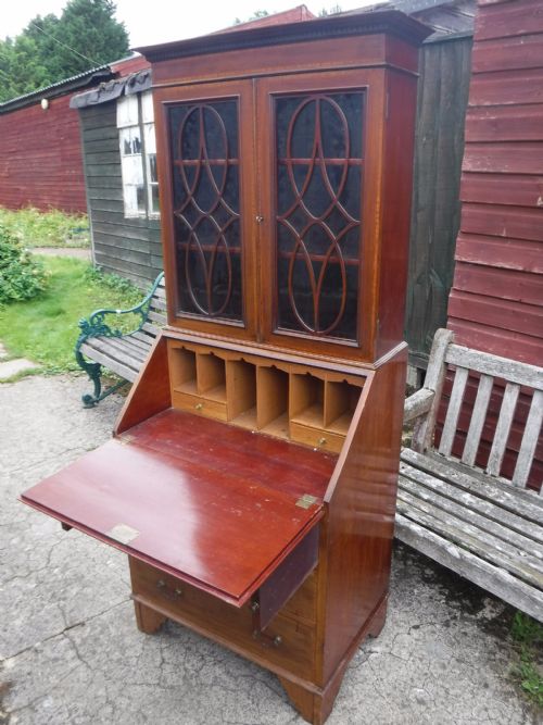 Small Sized Edwardian Inlaid Mahogany Bureau Bookcase