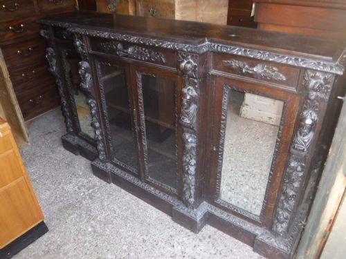 Victorian Carved Oak Breakfront Bookcase Cabinet