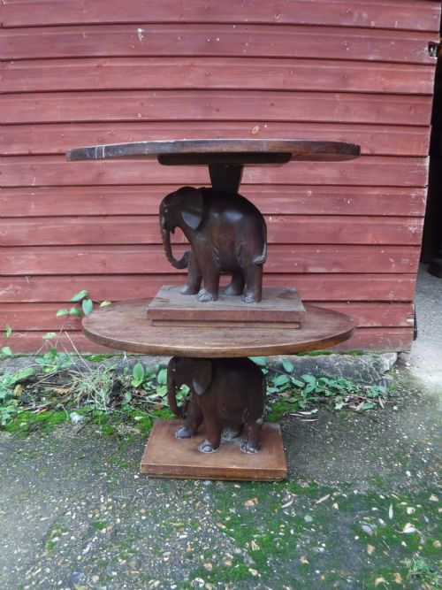 Pair of  Teak Carved Elephant Oval Occasional Tables