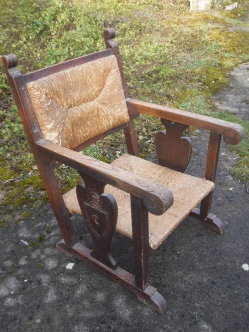 Unusual Oak Art and Crafts Rush Seat Armchair
