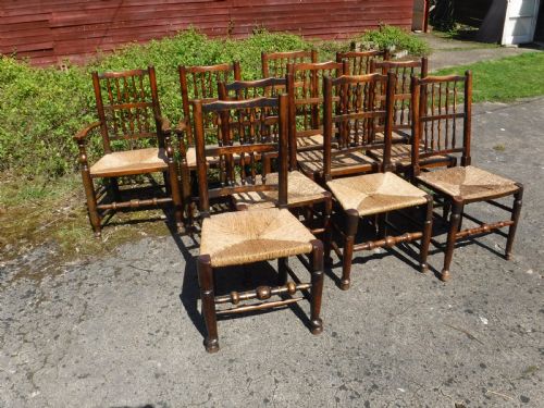 Set of 10 19th Century Rush Seat Spindle Chairs[8+2]