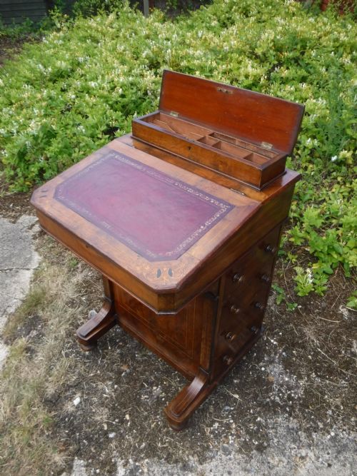 Victorian Inlaid Walnut 4 Drawer Davenport Writing Desk