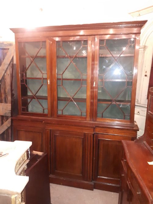Edwardian Inlaid Mahogany Breakfront Bookcase.