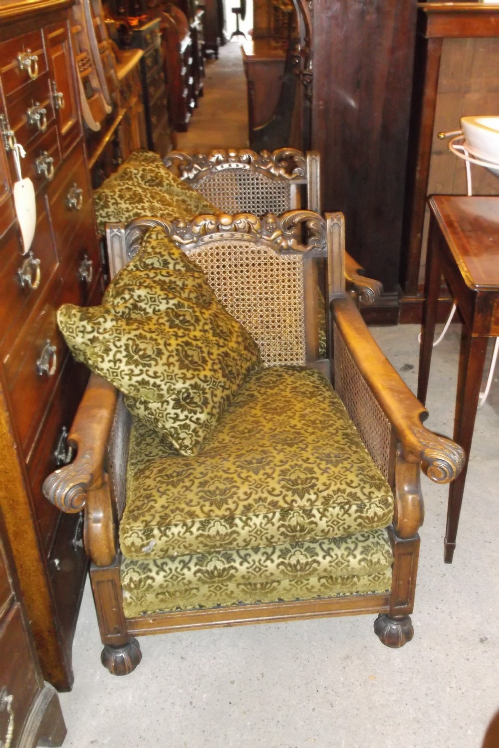 Pair of oak bergere armchairs