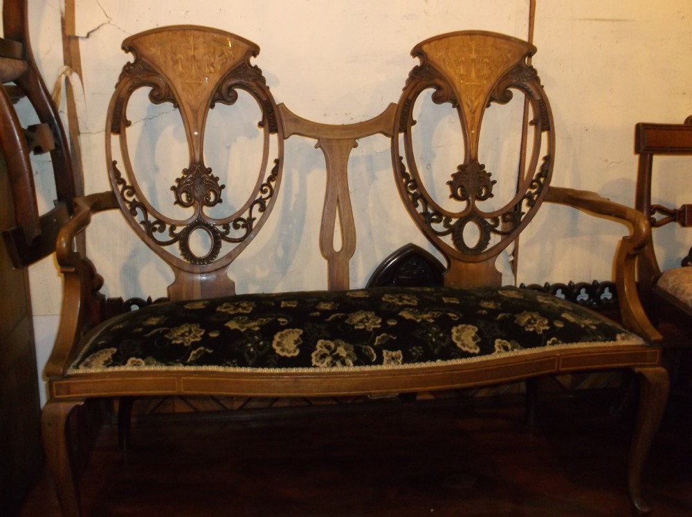 Edwardian inlaid mahogany chair back settee