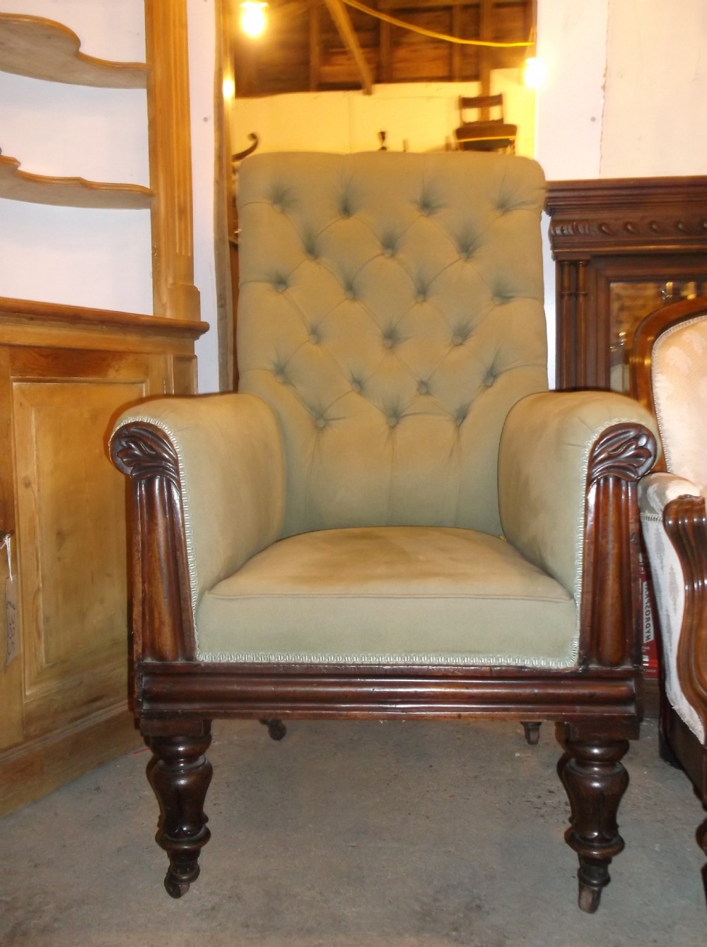 Early Victorian upholstered high back Library armchair