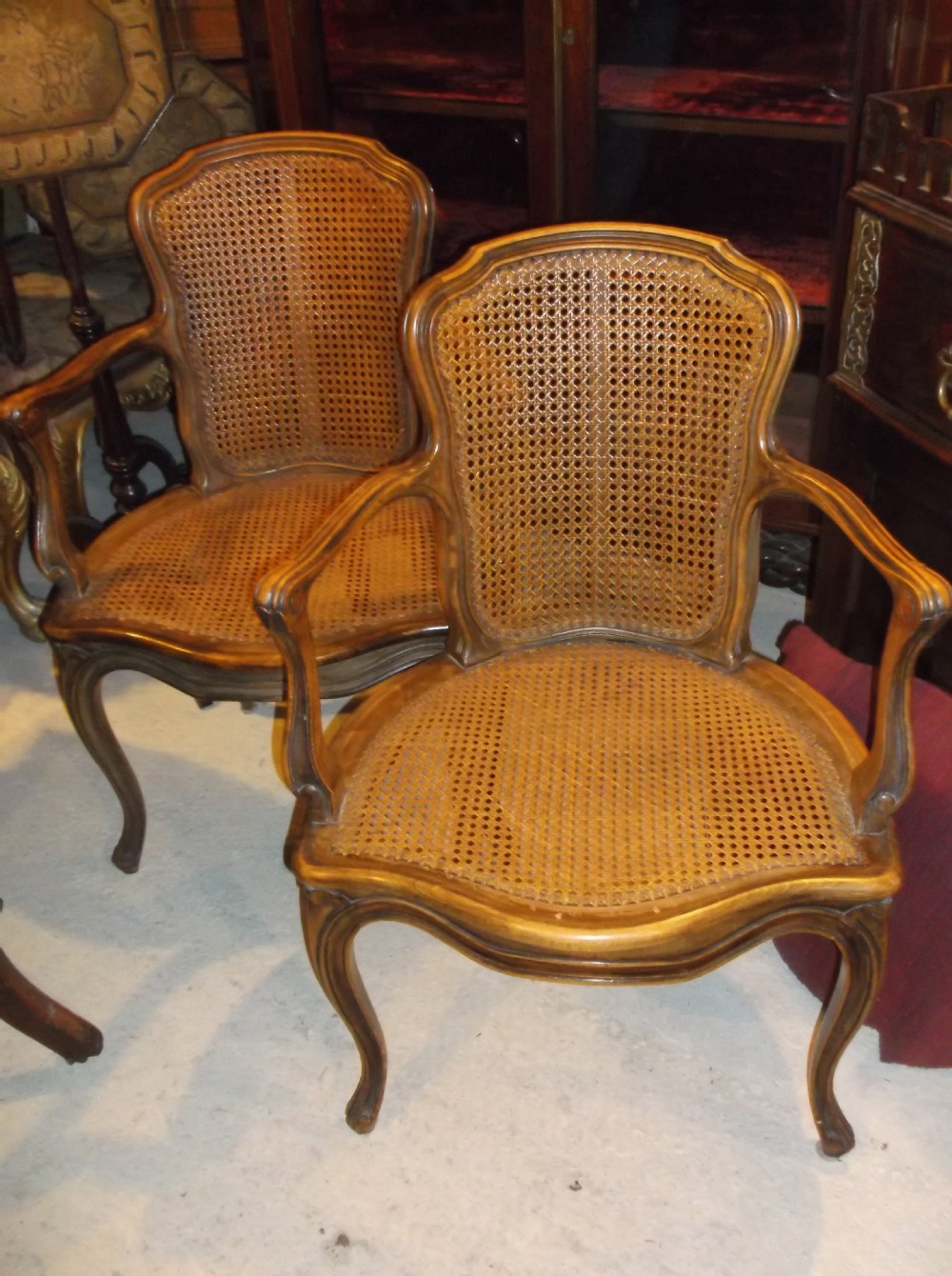 Pair of caned seat and back armchairs