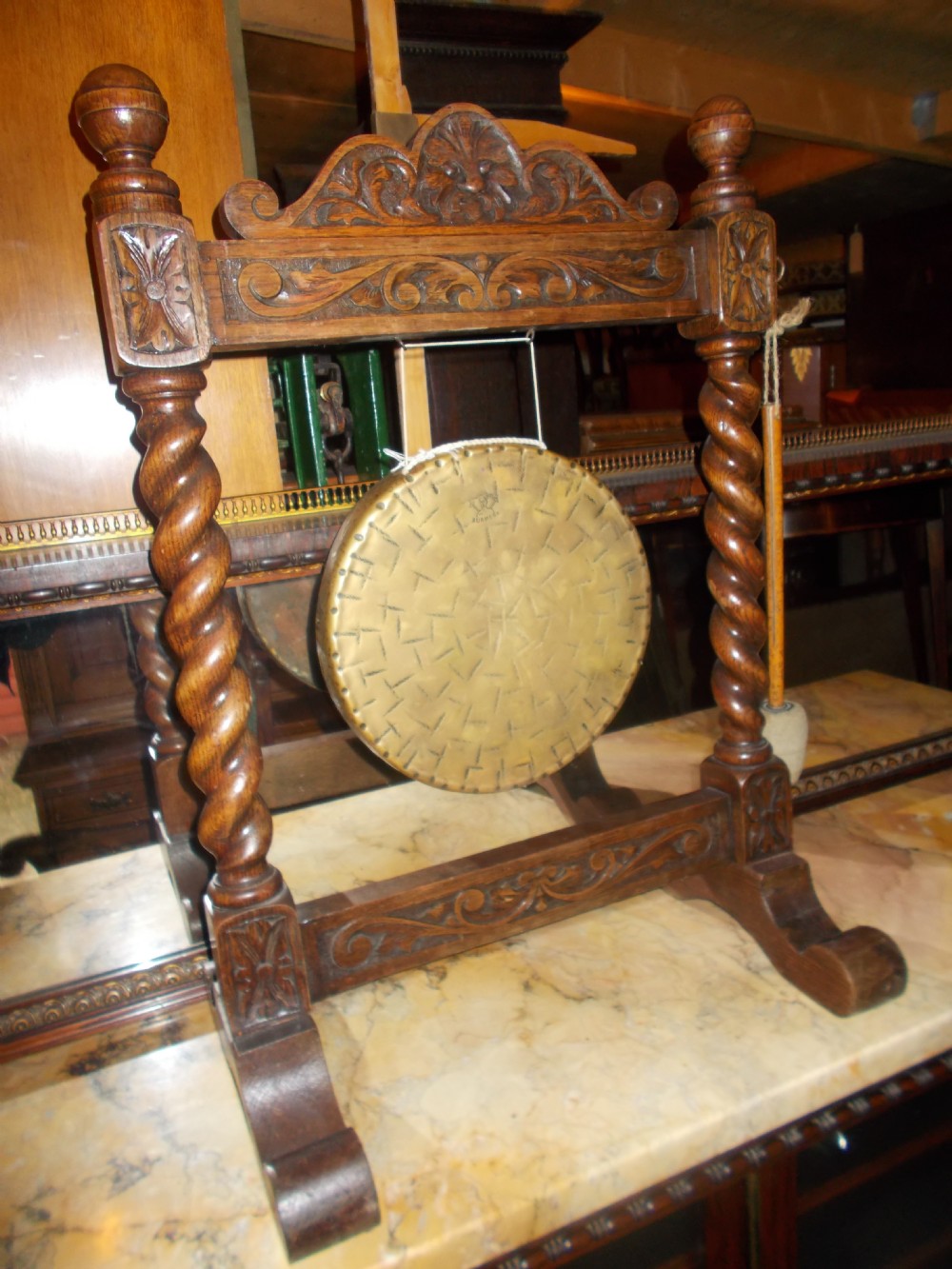 Late Victorian carved oak table dinner gong