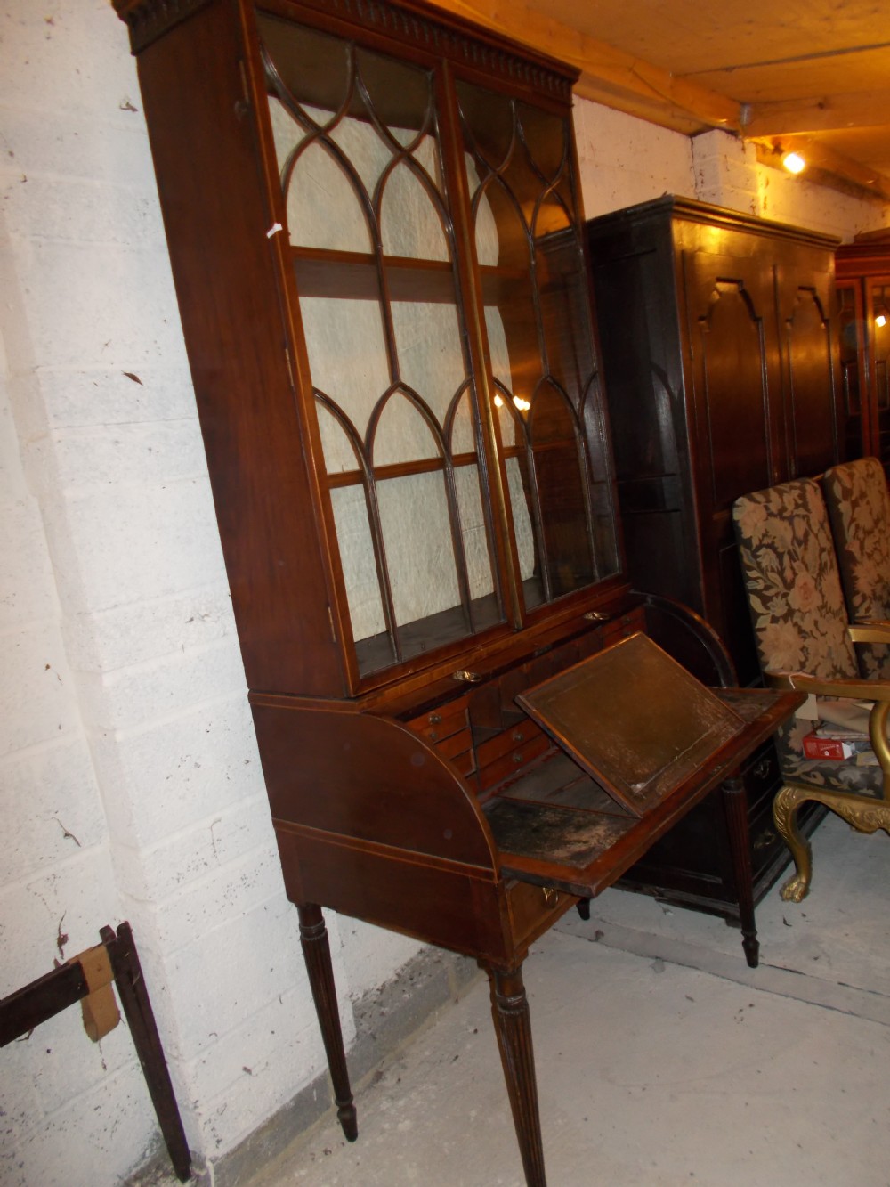 19th century inlaid mahogany cylinder bureau bookcase