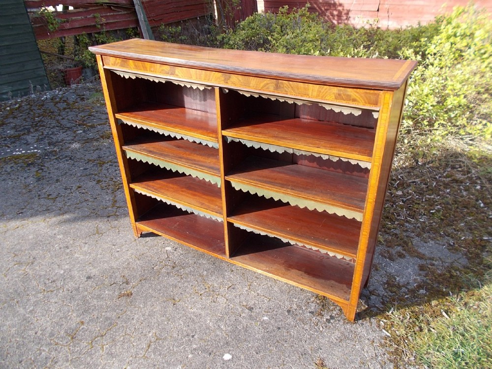 Edwardian inlaid and banded open front bookcase