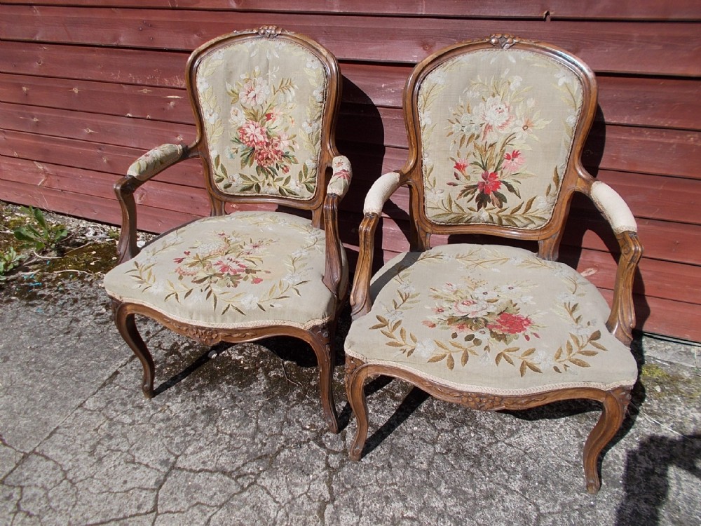 Pretty pair of needlework upholstered bedroom armchairs