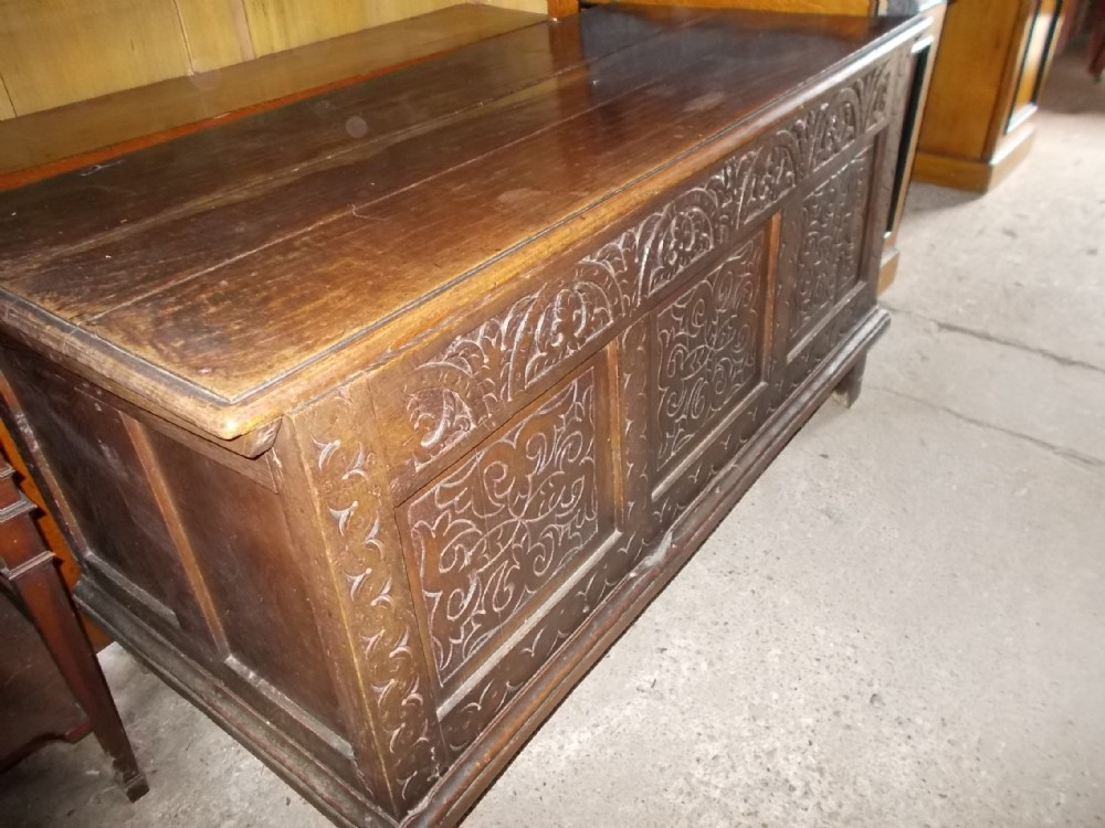 Early 18th century panelled oak coffer chest.