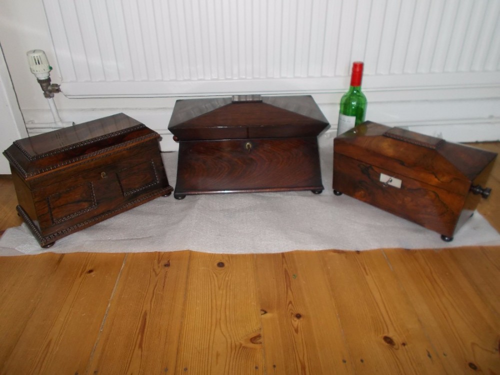 Collection of 3 Regency rosewood tea caddies
