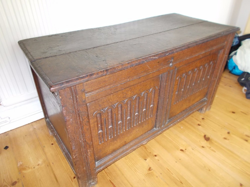 Late 17th century panelled oak coffer chest