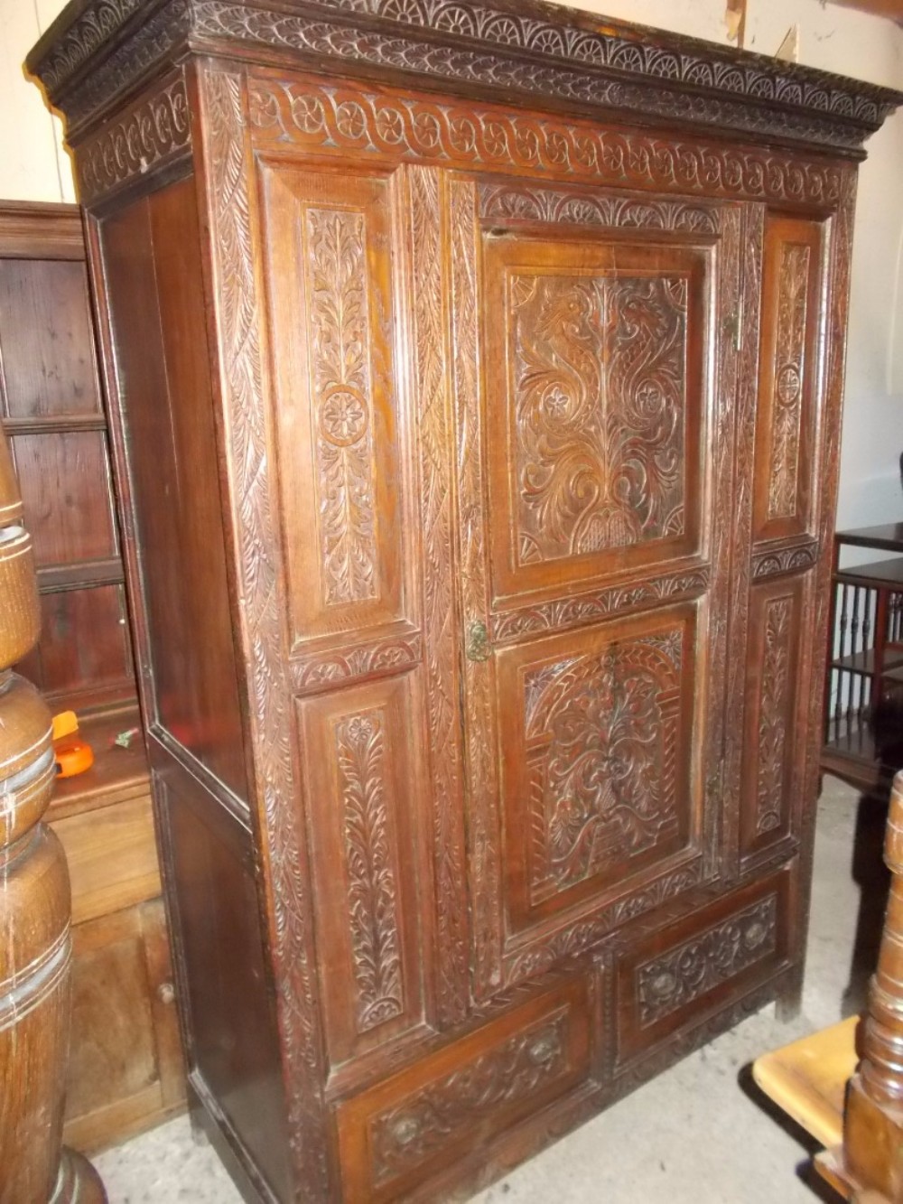 Georgian panelled and carved oak  hall wardrobe