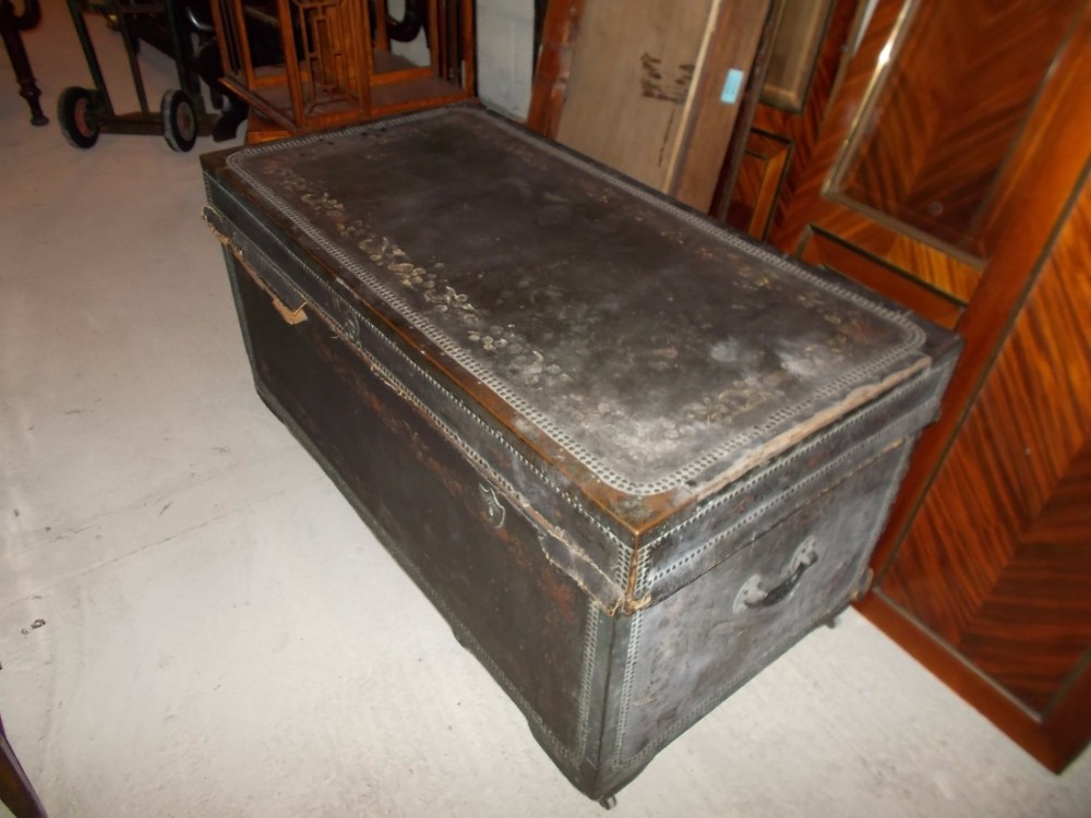 19th century leather bound camphor wood chest