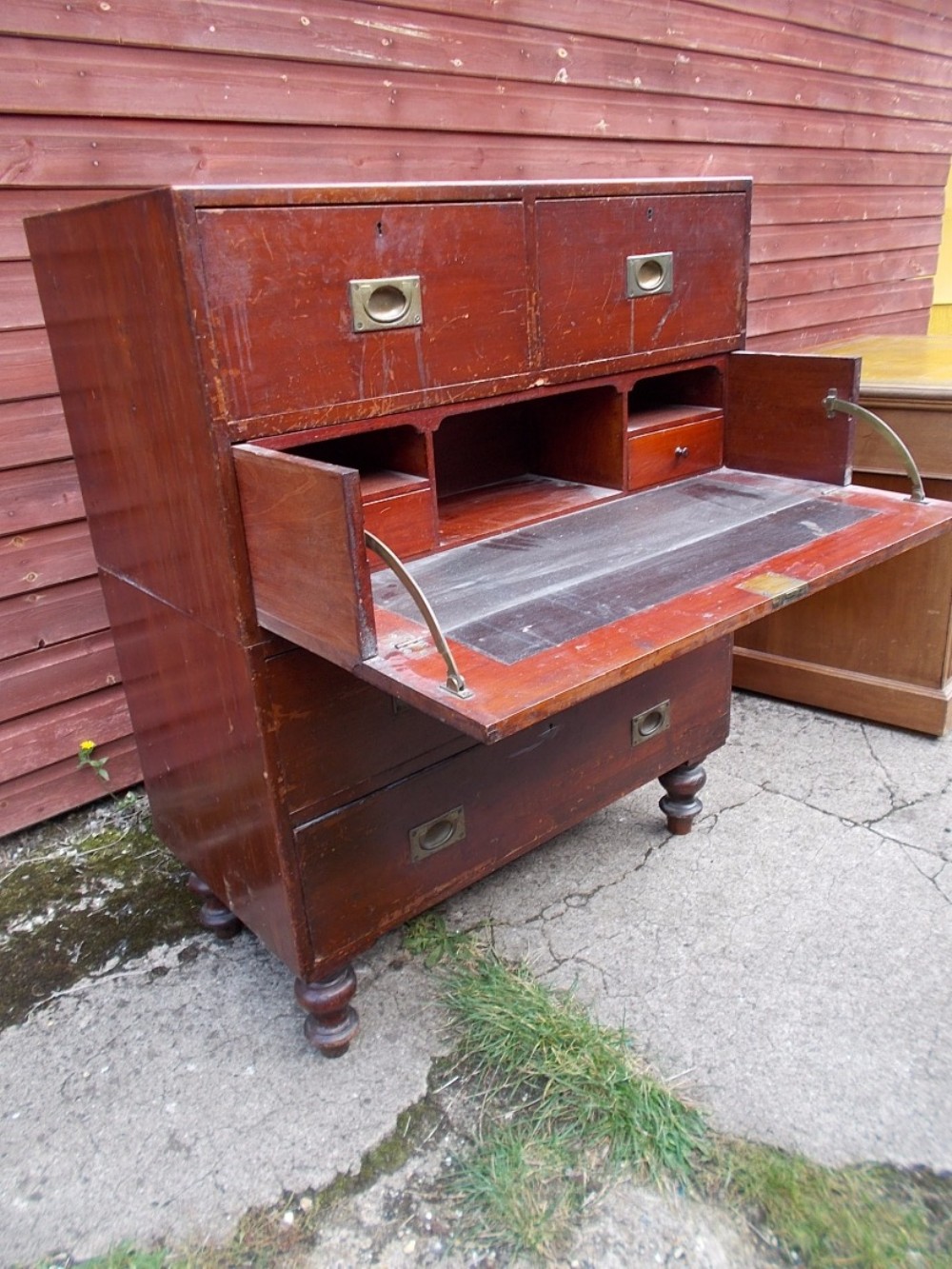 Military 2 part secretaire chest with insert brass handles