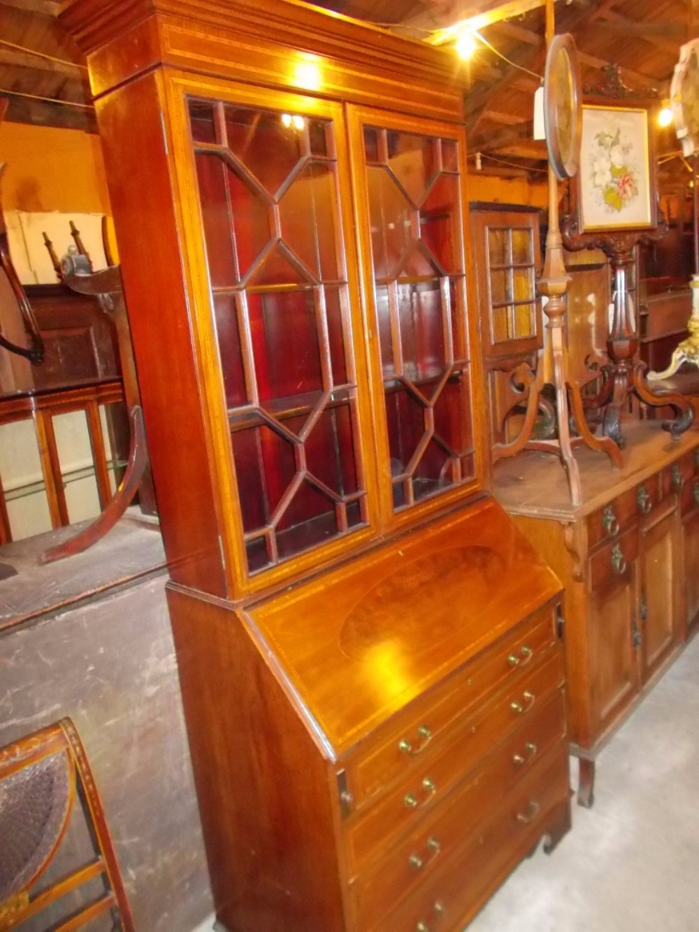 Edwardian inlaid mahogany 4 drawer bureau bookcase