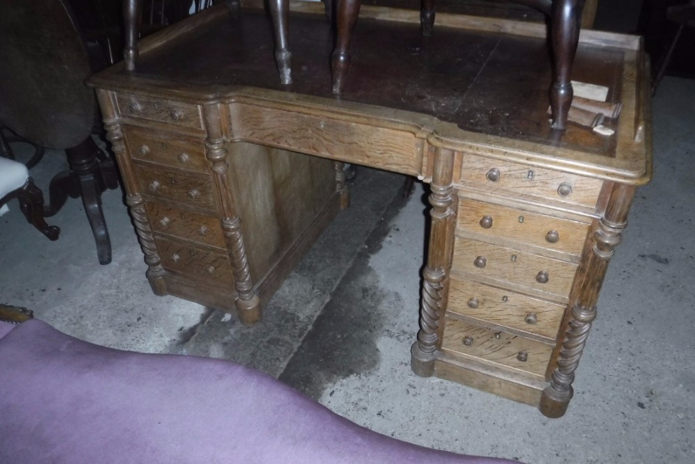 19th century oak pedestal desk, with makers stamp