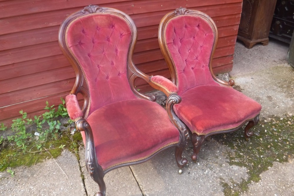 Pair of  walnut Ladys and Gents drawing room chairs
