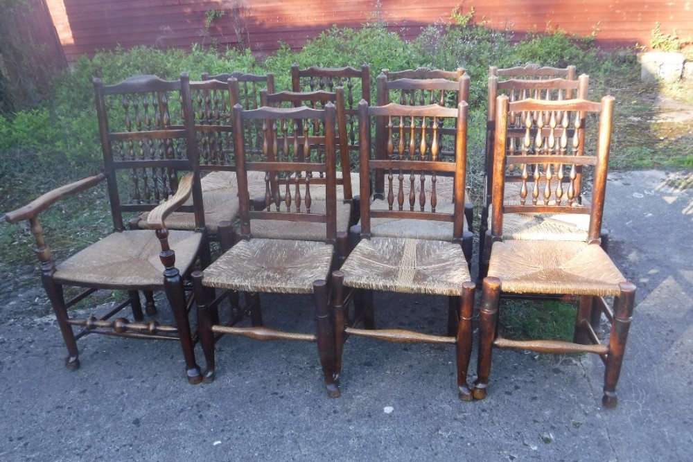 Set of 12 matched  19th century rush seat dining chairs