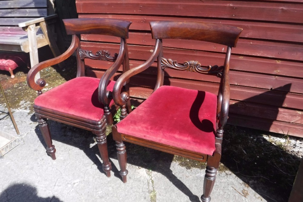 Matched pair of Regency mahogany scroll arm  Desk chairs