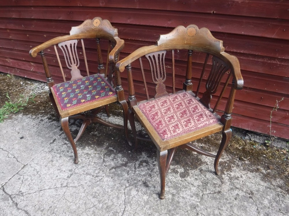 Pair of Edwardian inlaid mahogany corner chairs