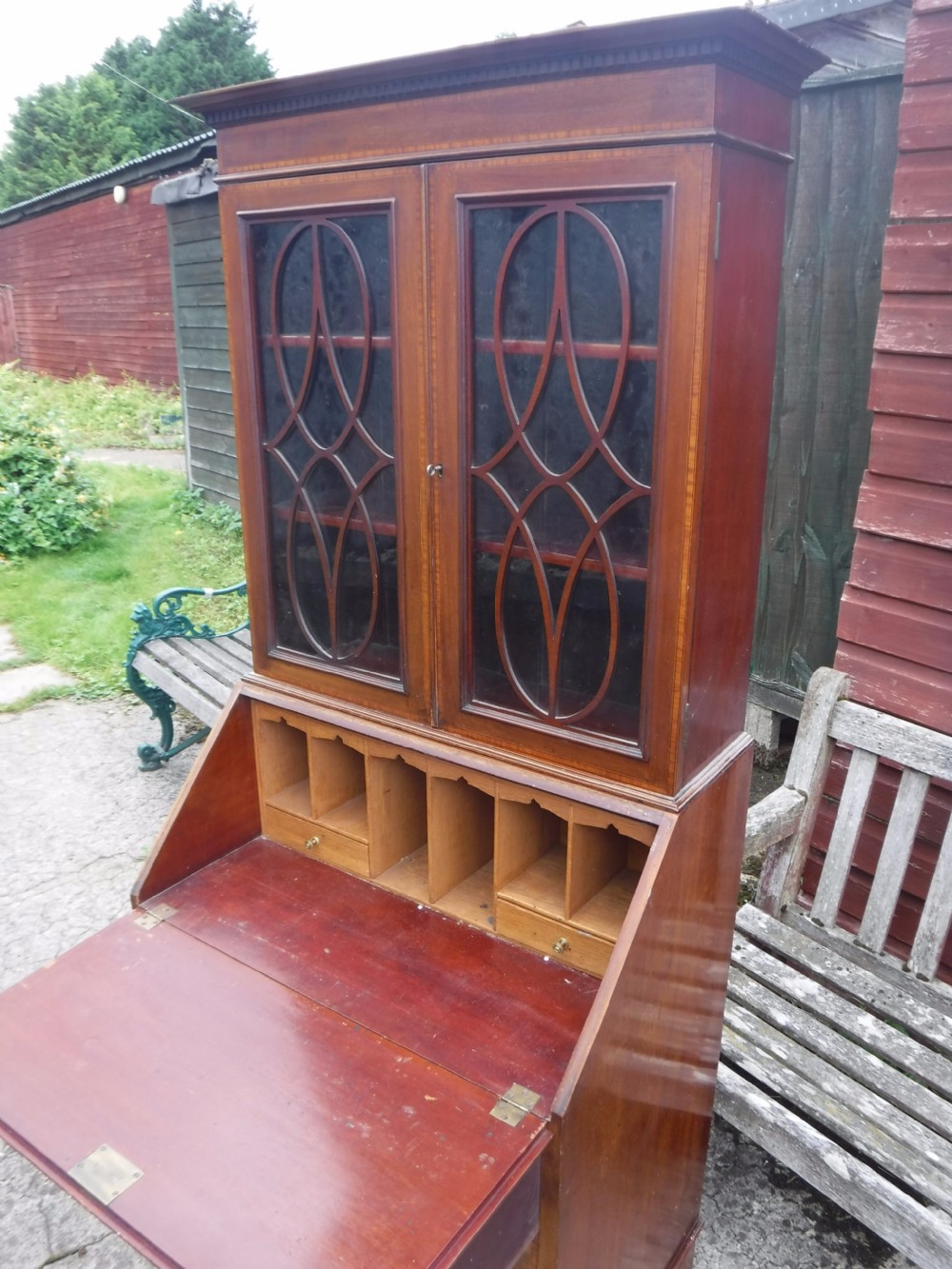 Small sized Edwardian inlaid mahogany bureau bookcase View II