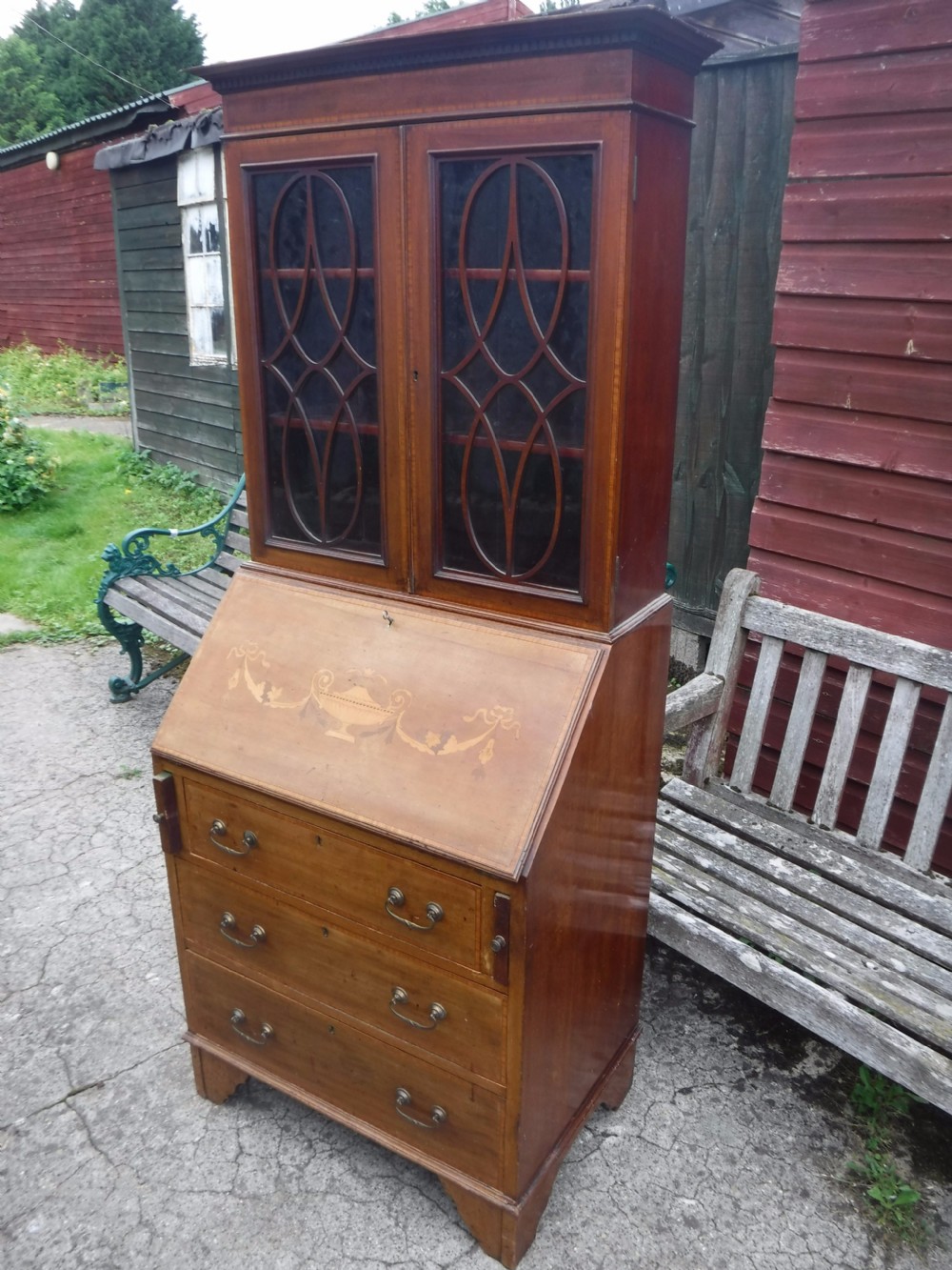 Small sized Edwardian inlaid mahogany bureau bookcase View III