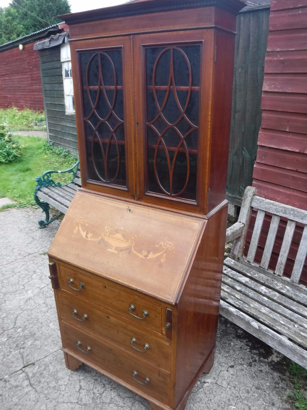 Small sized Edwardian inlaid mahogany bureau bookcase View IV