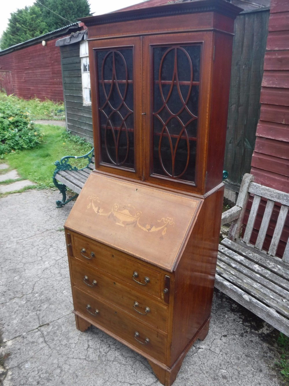 Small sized Edwardian inlaid mahogany bureau bookcase View VI