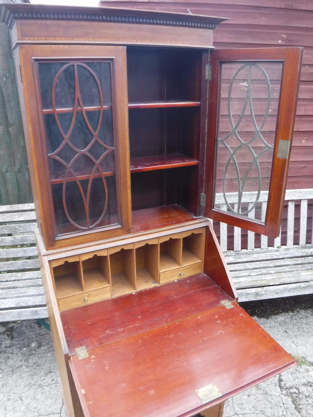 Small sized Edwardian inlaid mahogany bureau bookcase View VII